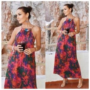 Zara Colorful Abstract Printed Beaded Neckline Halter Dress Size L Summer Boho